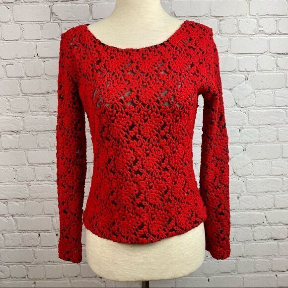 Vintage 90s Rhapsody Red Embroidered Mesh Long Sleeve Top - Picture 1 of 8